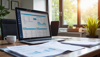 Fototapeta premium Laptop displaying financial data with documents and a coffee cup in a bright office setting