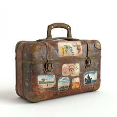 Vintage suitcase with travel stickers on a white isolated background.