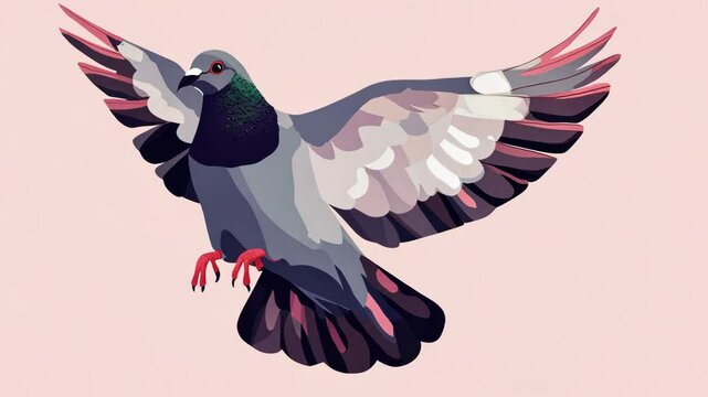 A gray pigeon with red talons flies with its wings outstretched against a pale pink background