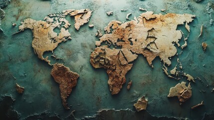Vintage world map on textured background evokes exploration and adventure. Ideal for travel, history, and education themes.