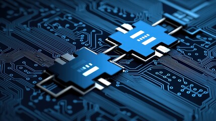 Abstract Technology Circuit Board with Blue Microchips and Connectors