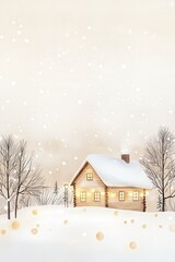 Naklejka premium Cozy wooden house in snow, warm lights, winter landscape.