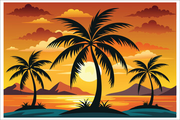 Fototapeta premium Coconut Tree Sunset Beach Vector Illustration 2025