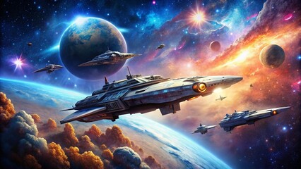 Futuristic Sci-Fi Spaceships in a Galactic Landscape with Nebula and Stars in the Background