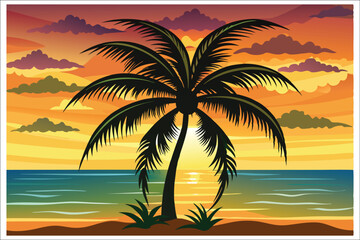Fototapeta premium Coconut Tree Sunset Beach Vector Illustration 2025