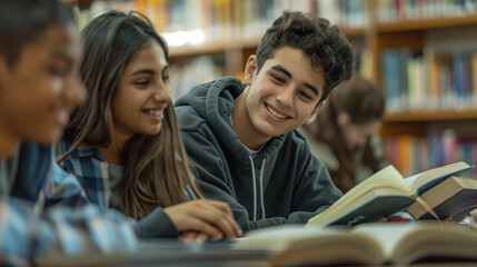 Engaged students explore literature together in a cozy library during a collaborative study session
