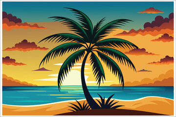 Coconut Tree Sunset Beach Vector Illustration 2025