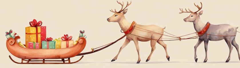 Reindeer pulling a sleigh filled with colorful gifts.
