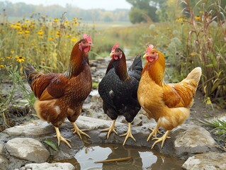 Fototapeta premium Three Chickens by a Pond in a Rural Setting