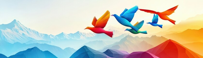 Naklejka premium A vibrant illustration of colorful birds flying over a mountainous landscape, blending nature's beauty with artistic expression.