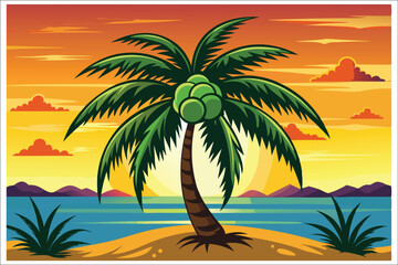 Fototapeta premium Coconut Tree Sunset Beach Vector Illustration 2025