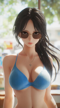 The character embodies elegance and strength with her long black hair, stylish sunglasses, and a relaxed blue top.