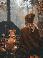 Peaceful camping getaway in nature with a puppy. Young blonde woman in a beanie and cozy cardigan sitting with her small golden dog in the autumn forest near a tent during a camping trip. 