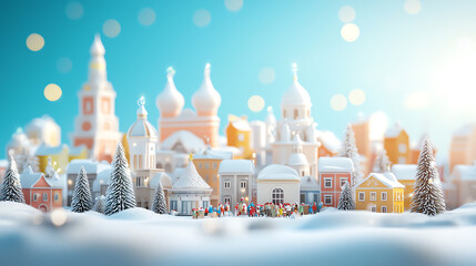 Snowcovered town square, Christmas decorations and cheerful carolers, 3D illustration