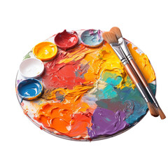 Obraz premium Colorful artist palette with brushes and vibrant paints on a clean workspace for creative projects