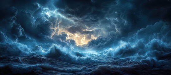 Fototapeta premium A dramatic, stormy sky with dark clouds and a bright light shining through.