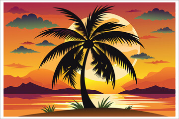 Coconut Tree Sunset Beach Vector Illustration 2025