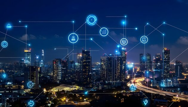 A futuristic city skyline illuminated at night, featuring digital connections and data visuals representing smart technology.