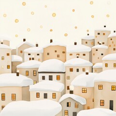 Winter village scene with snow-covered houses, soft warm lights.