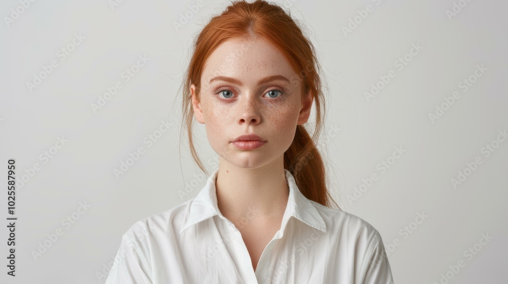 Poster A woman with bright red hair and a calm demeanor, dressed in a white shirt against a simple backdrop.