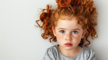 A vibrant portrait of a young girl with red hair and charming freckles against a simple white backdrop.