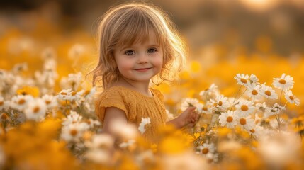 Fototapeta premium A cheerful child grins in a vibrant field of yellow and white blooms, embodying pure joy amidst natures beauty.