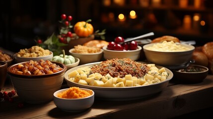 Thanksgiving Day Food Turkey, Mashed Potatoes, Stuffing, and Pecan, Pumpkin, and Apple Pies