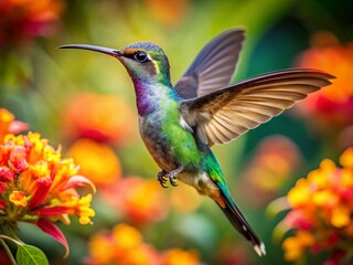 Obraz premium Graceful Long Beaked Hummingbird Hovering in Mid-Air Surrounded by Colorful Tropical Flowers