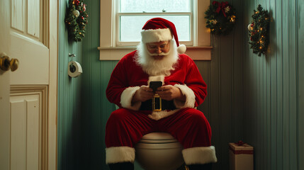 Santa Claus doom scrolling on his phone while sitting in a decorated bathroom, surrounded by festive Christmas decor, blending holiday charm with modern technology. Image made using Generative AI