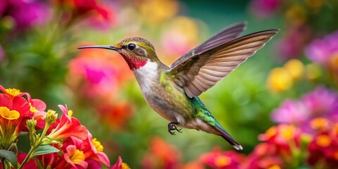 Fototapeta premium Graceful Ruby-Throated Hummingbird Female Hovering Among Colorful Flowers in Natural Habitat