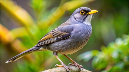 Fototapeta premium Gray Bird with Yellow Beak Perched on a Branch in a Natural Outdoor Setting, Wildlife Photography
