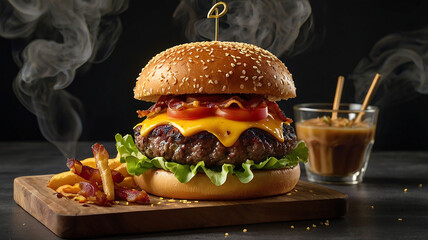 An indulgent, cheese-stuffed burger with layers of crispy fried onions, pickles, and dripping barbecue sauce.