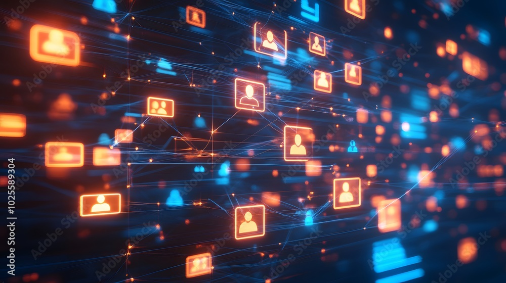 Poster abstract digital network with glowing icons representing connections and interactions in a technolog