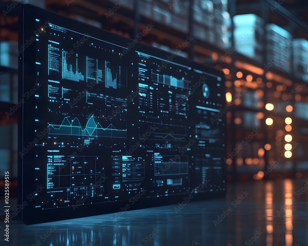 Poster futuristic data dashboard displaying analytics in a warehouse environment, showcasing modern technol