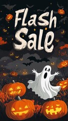 [Bold "Flash Sale" text framed by spooky ghosts and pumpkins, with bats flying in the distance], on a dark background, high resolution, high detail, masterpiece, best quality, high definition, poster 