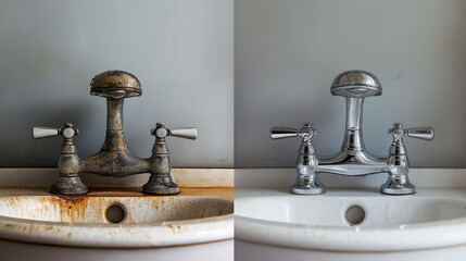 Compare the images of the dirty stainless faucet cover with the hard calcium water stain in the bathroom before and after cleaning it with a special detergent.