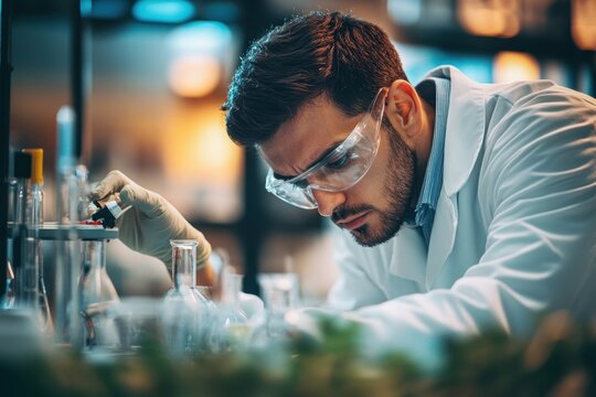 A scientist in a laboratory experimenting with biodegradable plastic alternatives, showcasing innovation and sustainable development