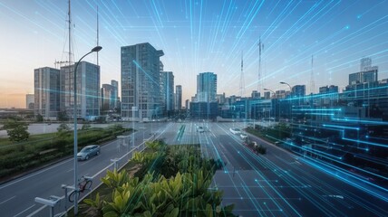 Urban landscape with digital data overlay and modern skyscrapers at sunset.
