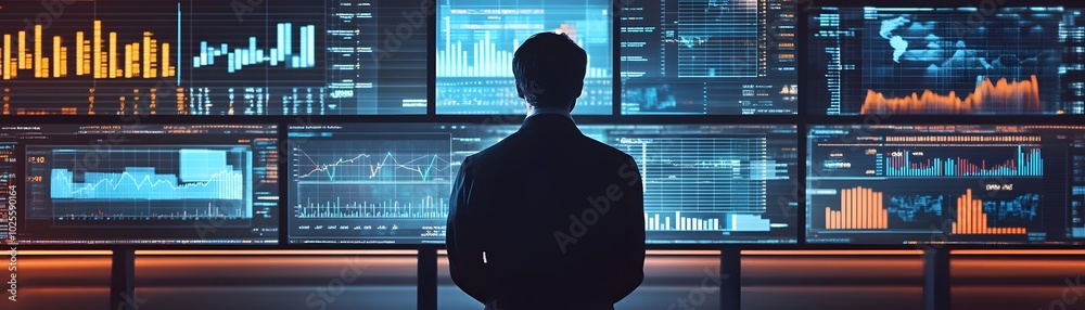 Poster professional analyzing data on multiple digital screens in a modern workspace, showcasing technology