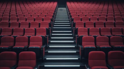 Naklejka premium Interior view of a modern cinema hall with red seats and stairs.