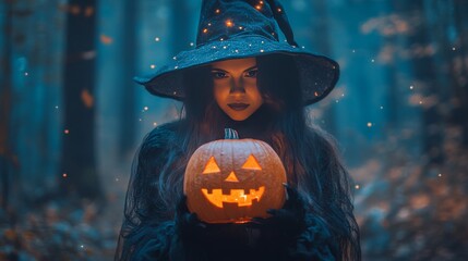 Portrait beautiful woman dressed as witch for Halloween holding lantern pumkin in holloween theme.