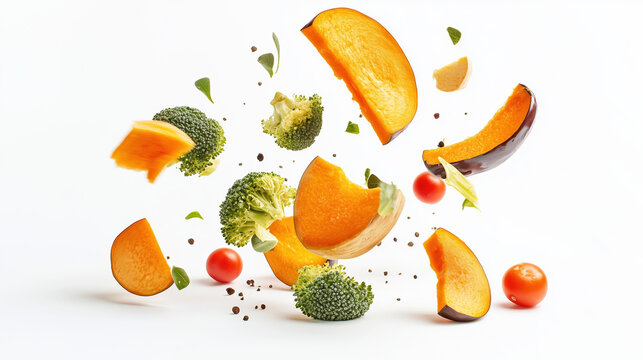 Vibrant Frozen Mixed Vegetables Cascading on a Clean White Background, Ideal for Healthy Eating, Recipes, and Culinary Use