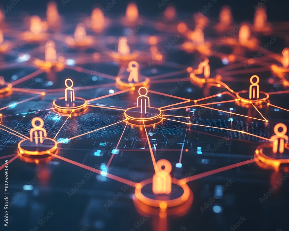 Poster visual representation of a digital network with glowing nodes and connections, symbolizing communica