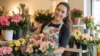 Fototapeta premium Smiling florist arranging beautiful flower bouquet in shop.