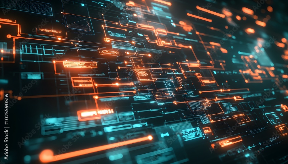 Poster futuristic digital interface with glowing lines and patterns, representing technology, data flow, an