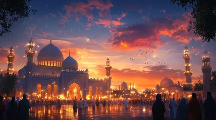 Naklejka premium A vibrant sunset illuminates a majestic mosque with people gathered in celebration.