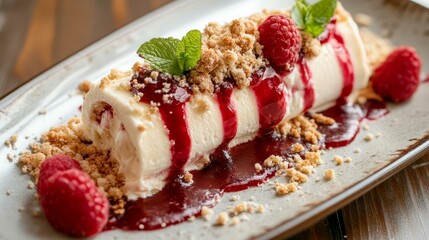 Indulge in a Decadent Creamy Dessert Topped with Raspberry Sauce and Mint Garnish
