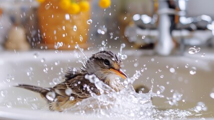 Birds are playing in the bathtub in the bathroom, in the concept of home pets.