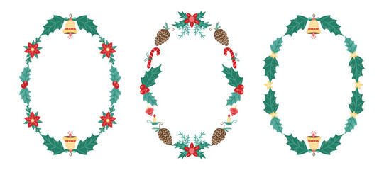 Oval Christmas frames collection with Poinsettia and Bell. Winter frame with empty space for text. Christmas and New Year. Isolated vector illustration.