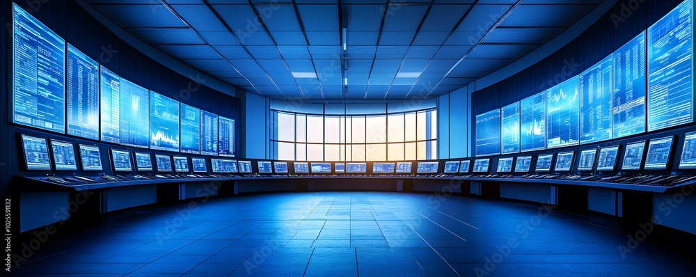 Poster futuristic control room with multiple screens displaying data in a blue-lit environment. ideal for t